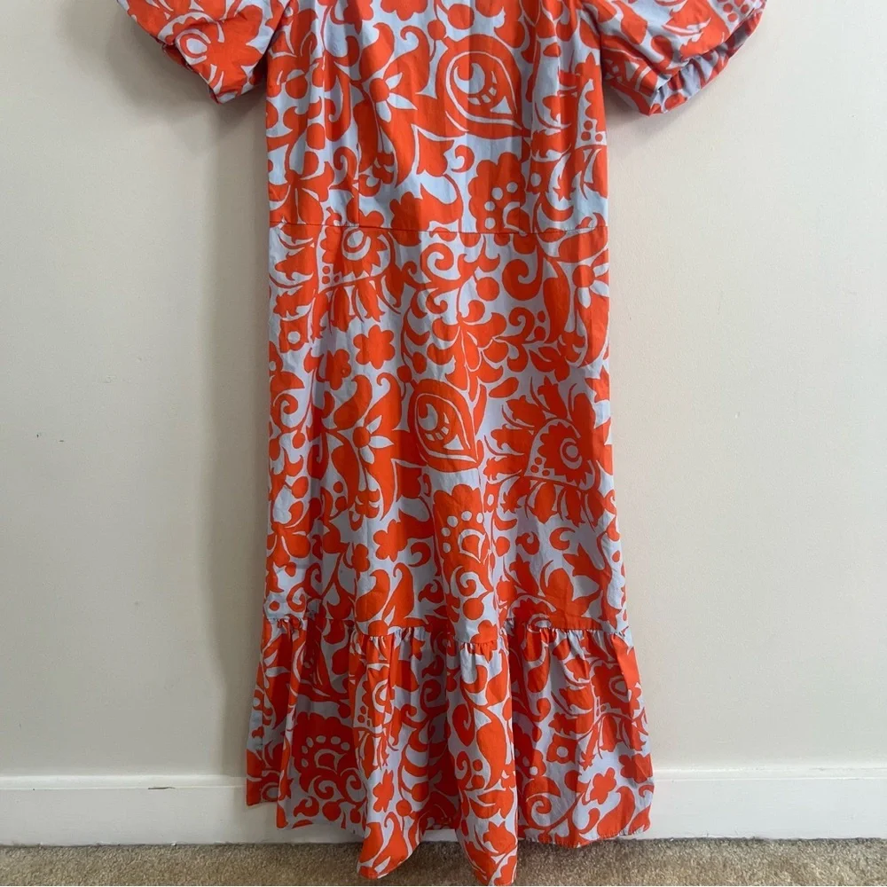 Talbots Orange Floral Puff Sleeve Poplin Midi Dress Spring Cotton Resortwear - Picture 4 of 10